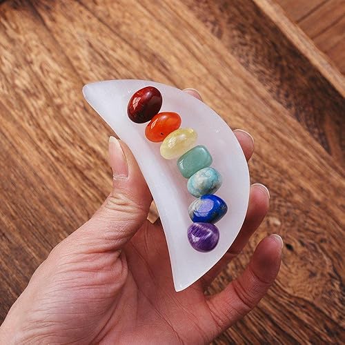 Miniatura 8 de Runyangshi Cuenco de selenita de luna de 6 pulgadas con jaspe rojo, citrino, amatista, aventurina verde, 7 chakras, piedra curativa para carga de