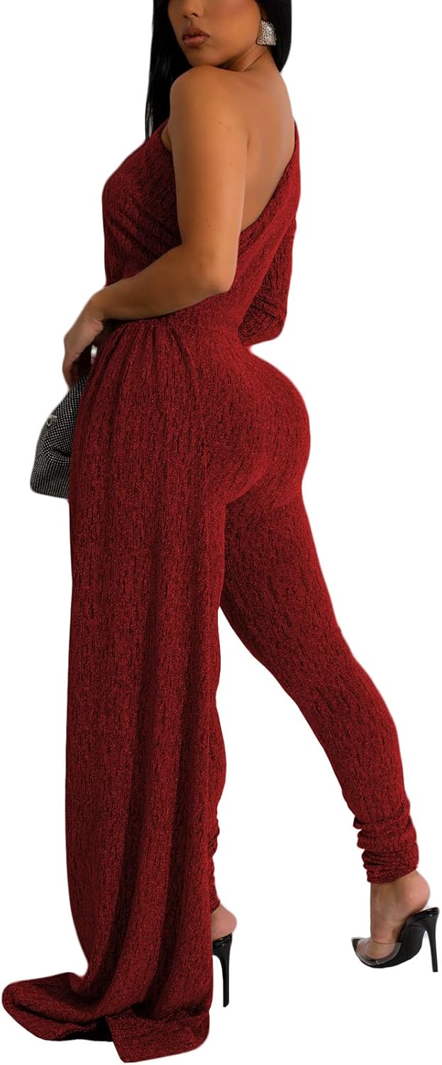 Women's Sexy Sparkly One Shoulder Long Sleeve Bodycon Jumpsuits Stretchy Long Pants Clubwear Party Rompers With Belt Rope - Image 4