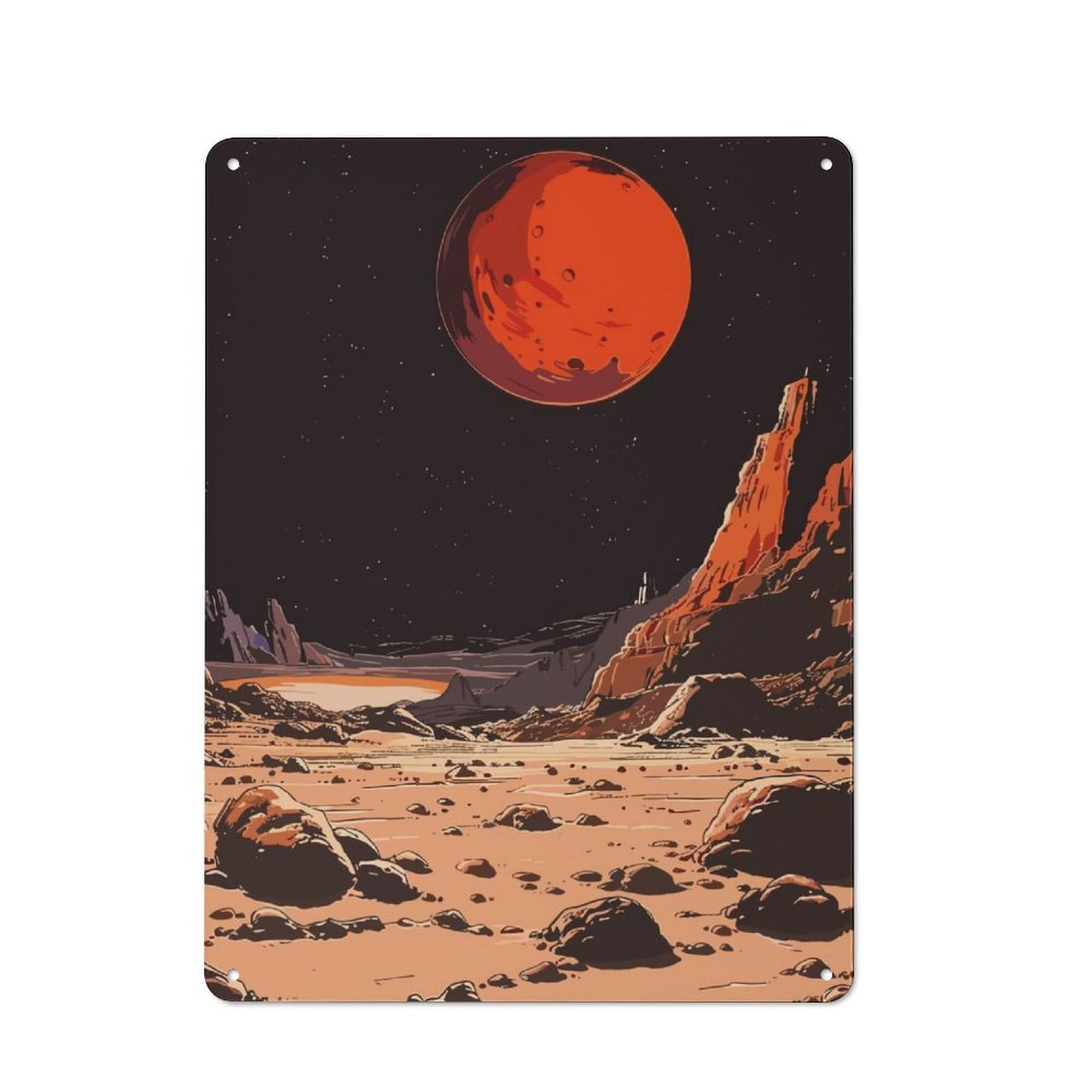 Junmoney Red Planet Distressed Look Decorative Tin Sign 40X30cm, Retro Room Decor For Lounge, Study, Pub Or Wall Gallery