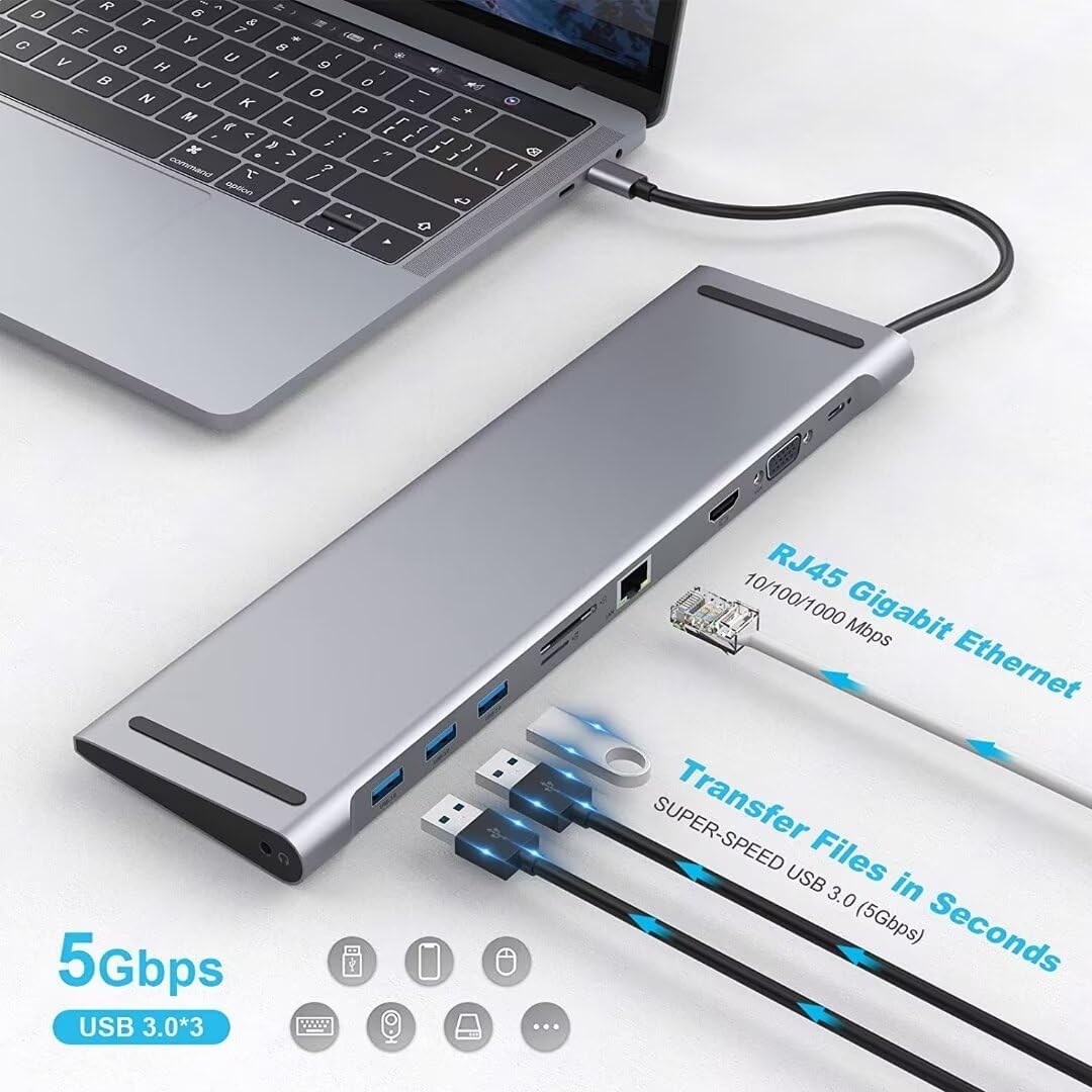 Hub USB C, stacja dokująca 10 w 1, 4K 30 Hz USB C HDMI, VGA, 3 porty USB 3.0, 5 Gbps, czytnik SD/TF, Ethernet RJ45, mikrofon/audio, uchwyt do ładowania laptopa typu C 100 W