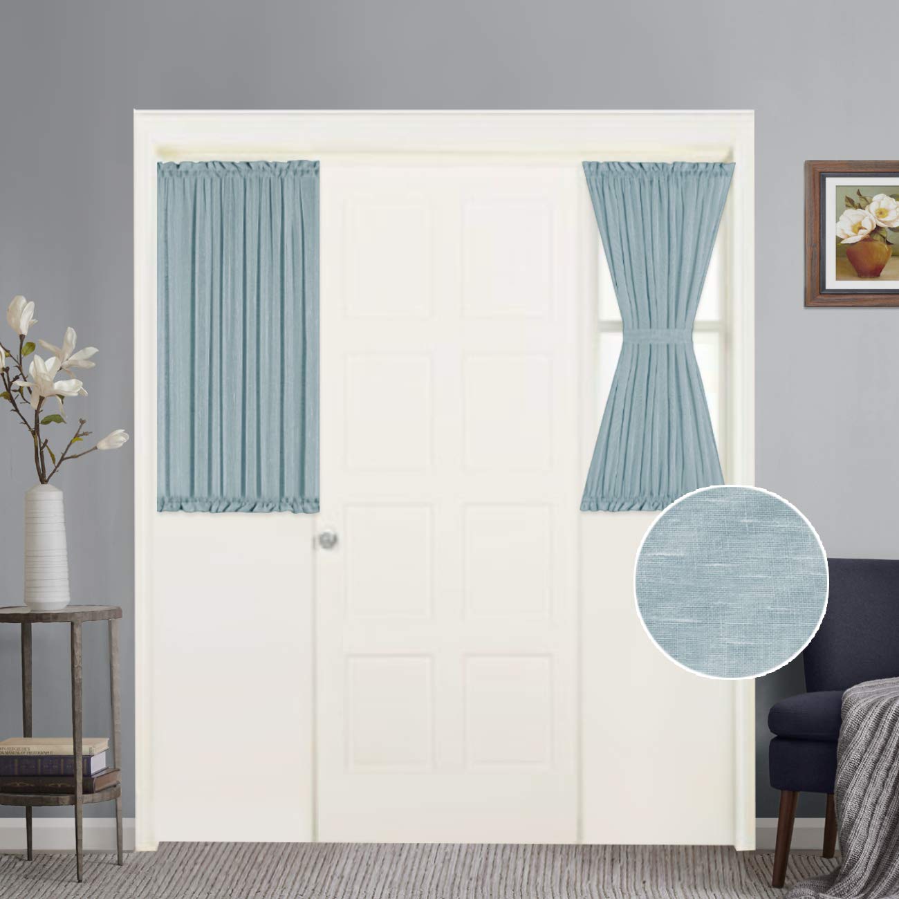 Turquoize Elegant Linen French Door Curtains Light Filtering Curtain Panels Rod Pocket Linen Panel for Glass Door with Tie-Back Privacy Assured Semi Sheer Door Panels, 25" W by 40" L, 2 Panels, Teal