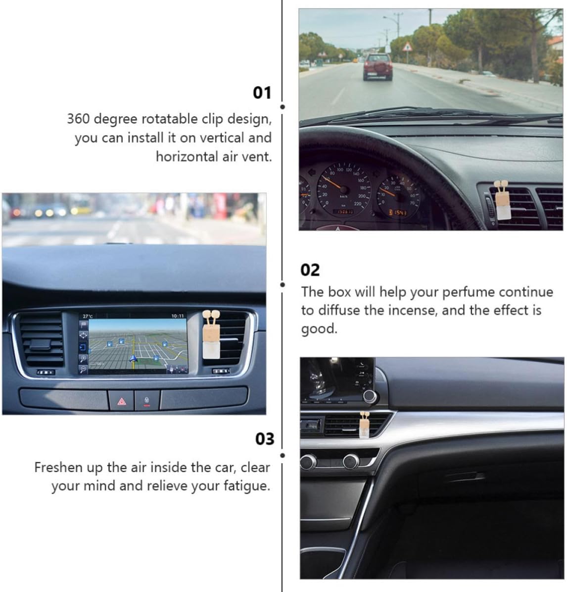 Car Air Vent Essential Oil Diffuser 360 Degree Rotatable Clip Design and Wooden Lid, 3pcs Glass Bottles Air Freshener Perfume Containers for Room and Dressing Tables