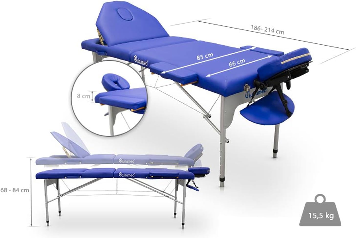 QUIRUMED massage table with all accessories laid out