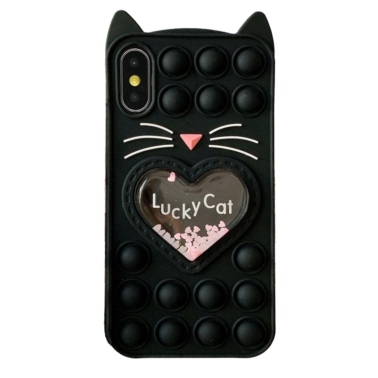 AsgensFidget Phone Case for iPhone X/XS, Cartoon Lucky Pop Black Cat Quicksand Bling Stars Push Bubbles Shockproof Silicone Soft Case for Apple iPhone X/XS 5.8 inch