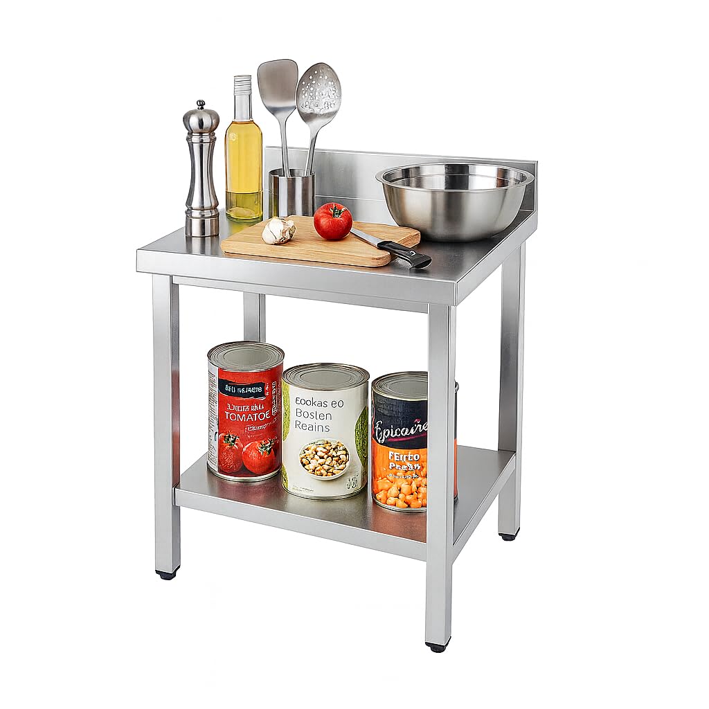 Générique Table INOX Professionnelle Adossée – 600 x 600 mm – Étagère Inférieure – Dosseret 100 mm – Capacité 150 kg – Montage Facile