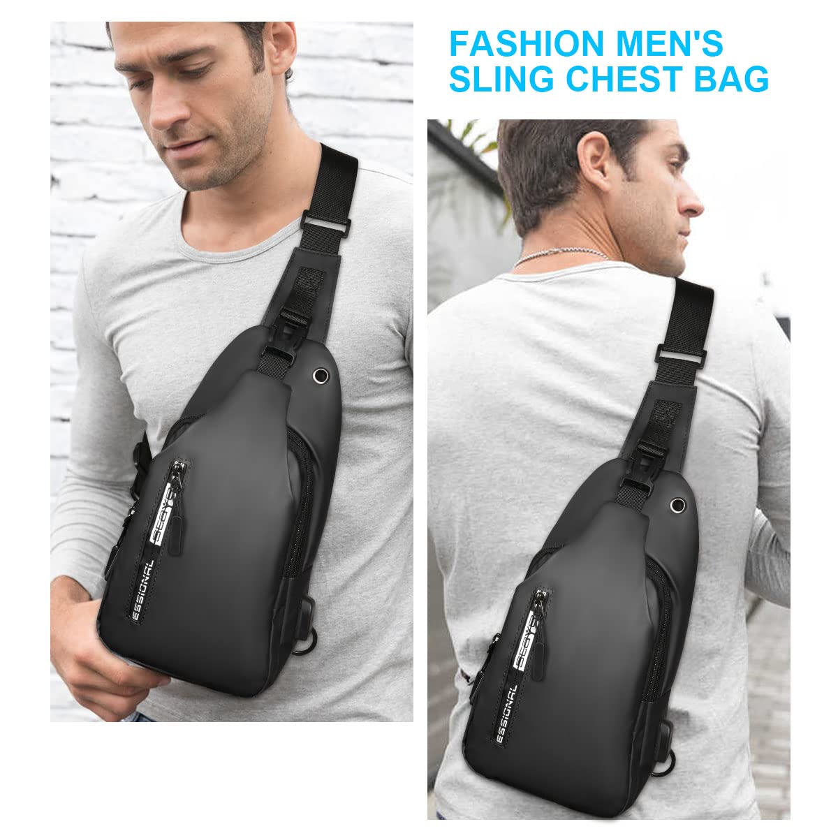 Aucuu męska torba na klatkę piersiową, torba na ramię z portem USB do ładowania, wodoodporna torba na ramię, torba na piersi Crossbody (z USB*1), #2 Szary