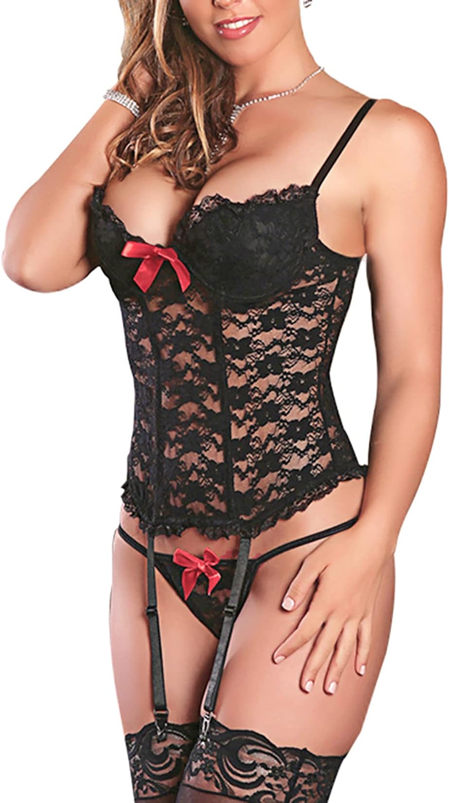 EVAbaby Plus Size Sexy Corset Garter Belt Lingerie Set for Women Exotic Floral Lace Camisole Sleepwear