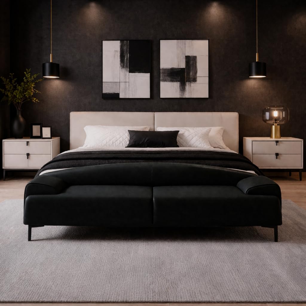 Modern 2 Seater Faux Leather Upholstered Sofa Couch Bench, 150cm x 50cm x 55cm, with Black Metal Legs for Your Living Room Bedroom (Black)-image-23
