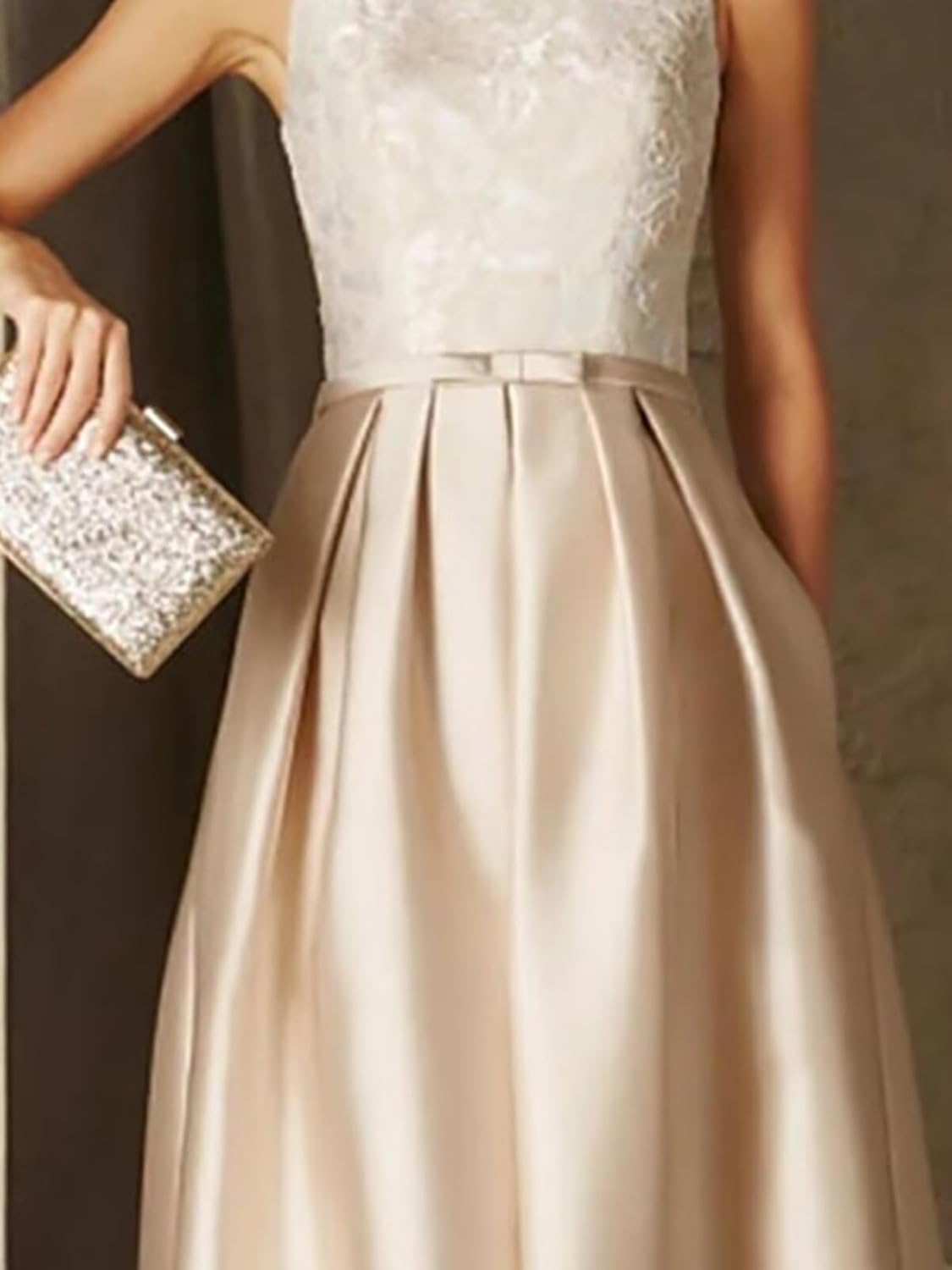 Satin Lace Evening Dresses for Women Crew Neck Elegant Long Prom Dress A Line Wedding Guest Dress with Pocket - Image 4