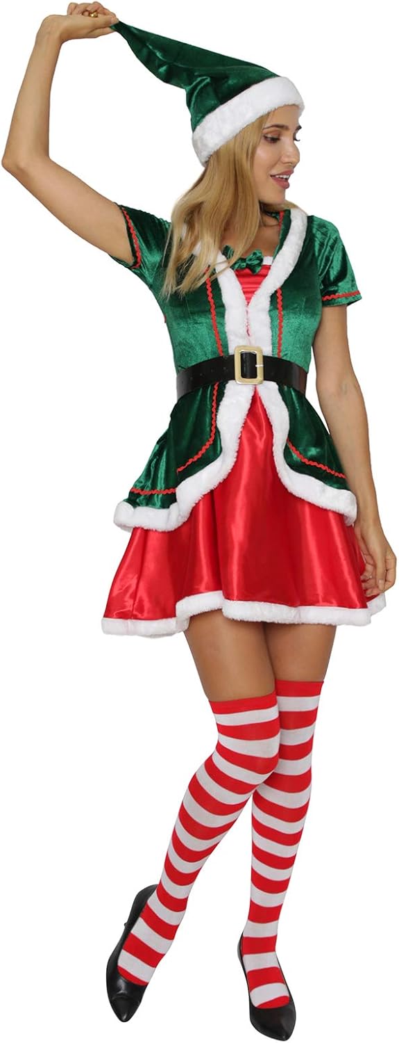Mrs Claus Costume for Women 4PCS Christmas Adult Velvet Santa Dress with Belt Socks Hat-L