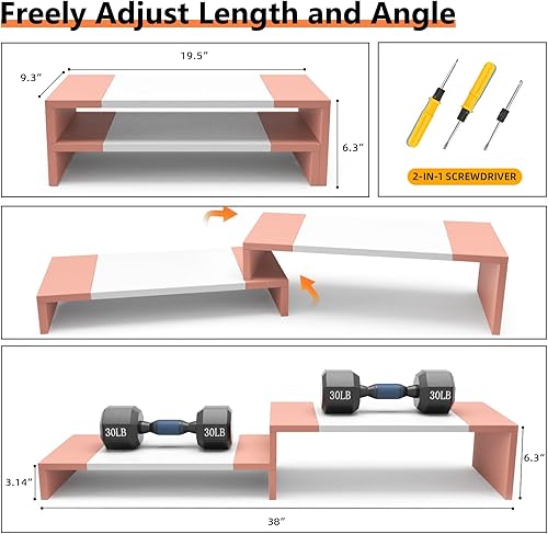 Miniatura 7 de WESTREE Soporte para monitor doble, soporte elevador para monitor, soporte para monitor de computadora de 2 estantes con longitud y ángulo