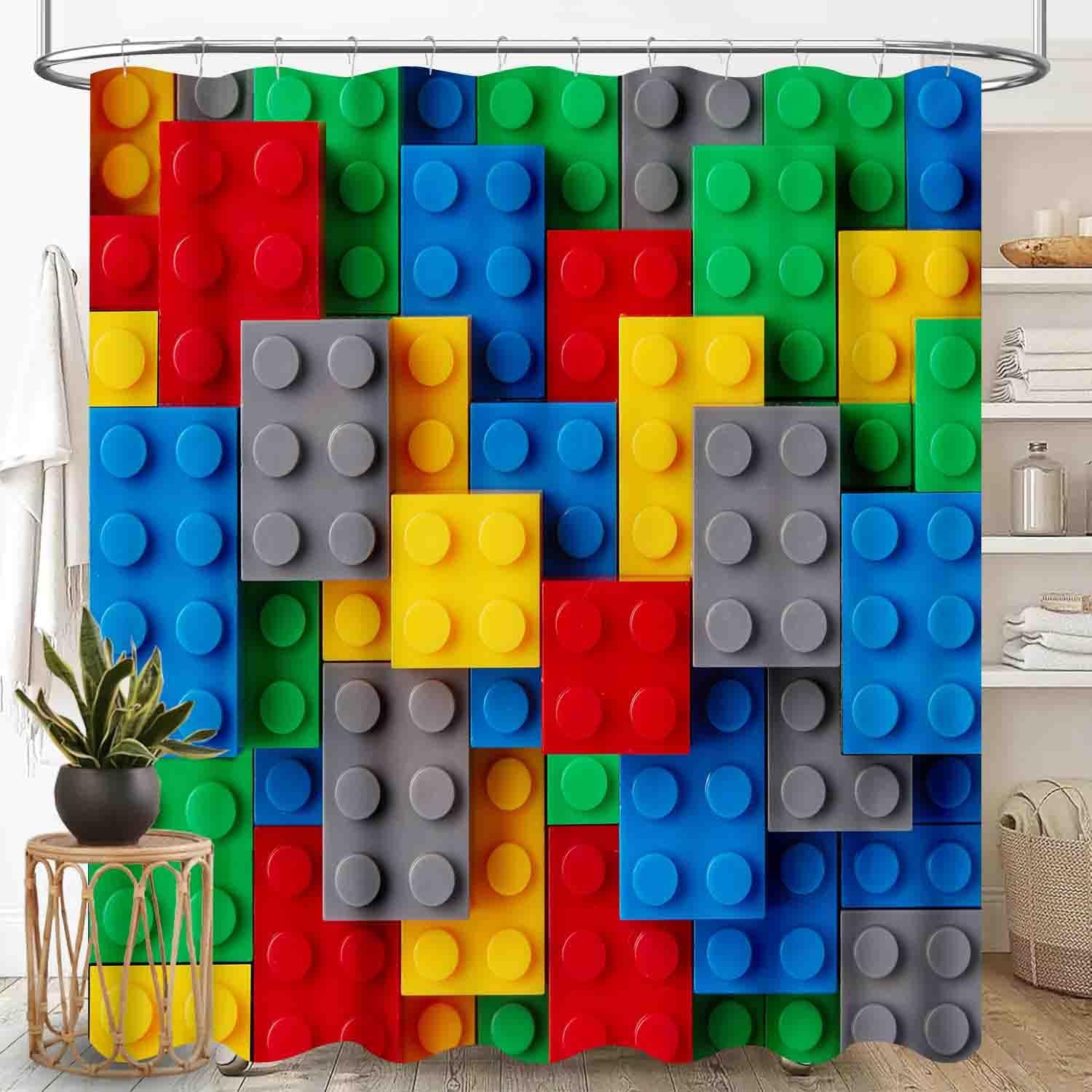 Building Blocks Blackout Shower Curtain for Bathroom, Kids Boys Abstract Colorful Geometric Brick Constructor Toy Waterproof Fabric Shower Curtain Set with Hooks, 72"x84" Inch