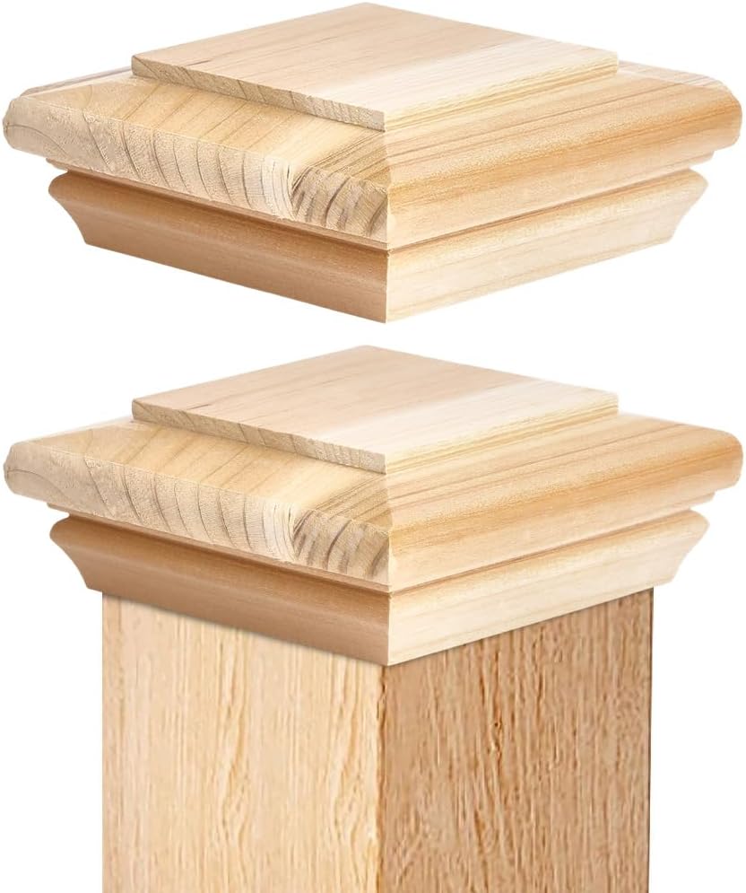 INFUNLY 2pcs Wood Newel Post Cap 5.3×5.3×1.97inch Fence Post Caps for 3.6" x 3.6" Wood Newel Post Cap Top Resistant Decking Caps Classic Posts Cover for Stair Fences Mailboxes Decks Protection