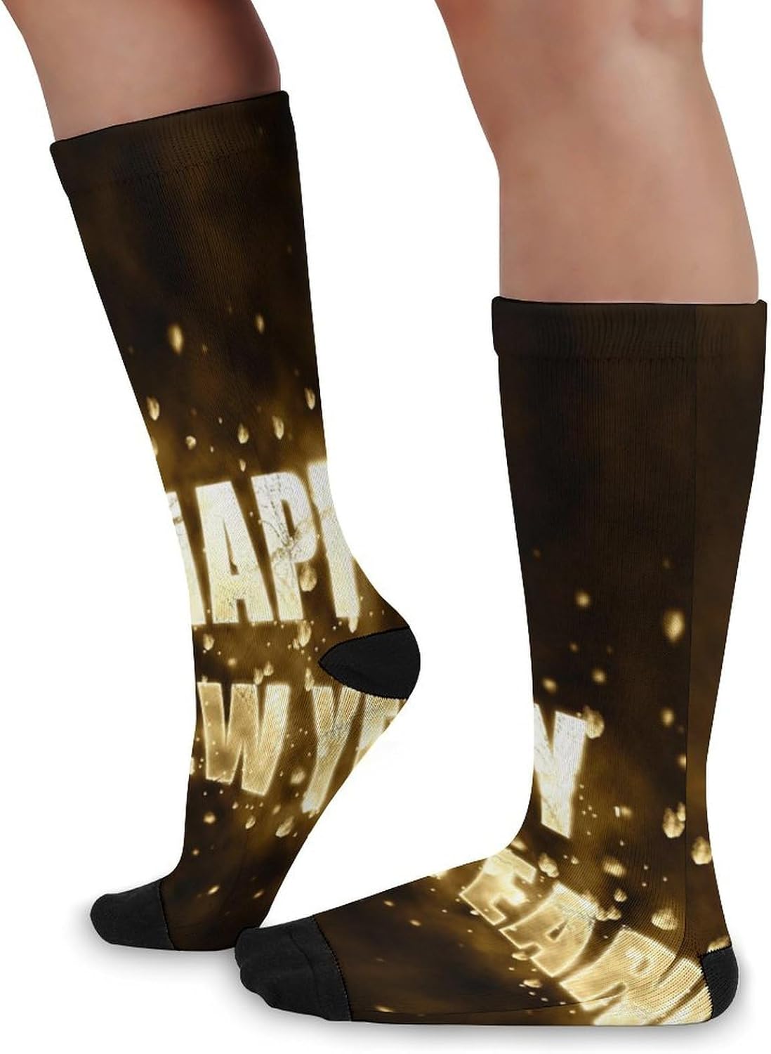 Gold Happy New Year Knee High Socks Athletic Long Stockings Sport Casual Crew Tube Sock Boot 46cm