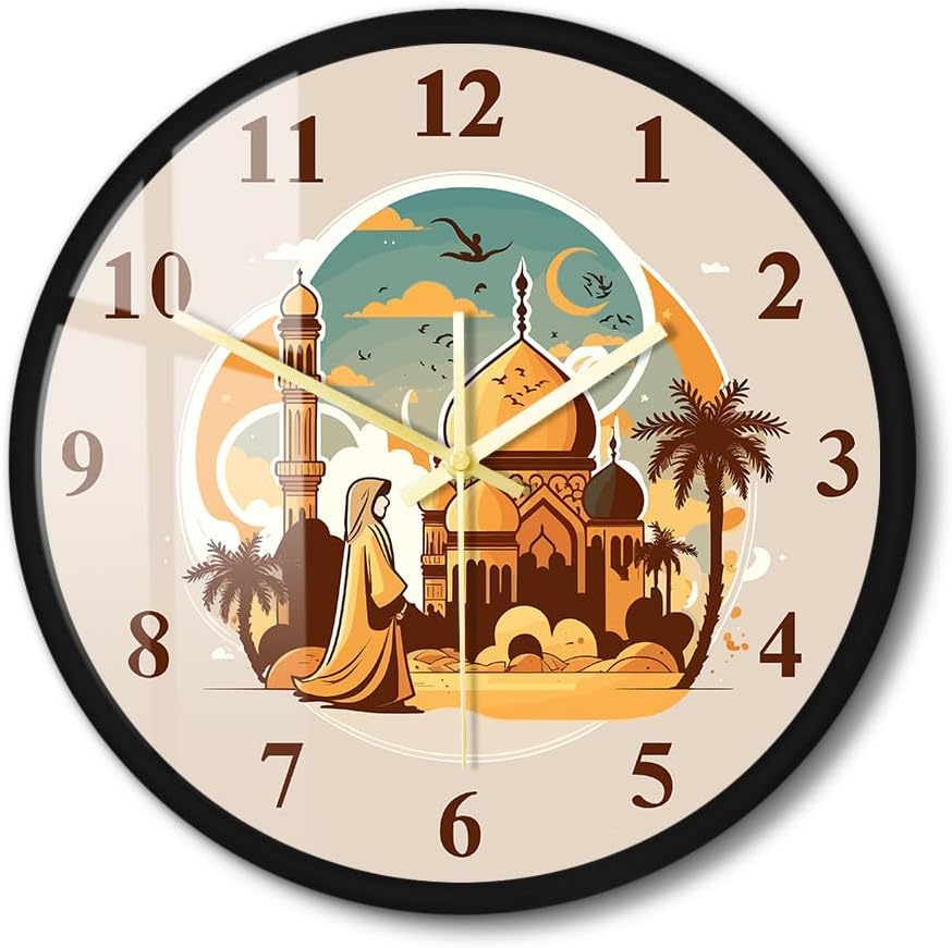 Islamic Clock with Metal Frame, 12 Inch Ramadan Eid Islam Prayers Arabic Wall Clock Vintage Decorative Silent Non Ticking Battery Operated Clock Wall Watch for Bedroom Kitchen Living Room