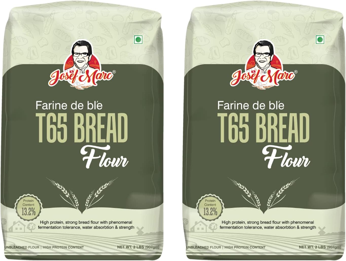 JOSEF MARC New Farine De Ble T65 Bread Flour, 2 LBS (907g) - Unbleached & High Protein Flour, Strong Bread Flour (Pack of 2)