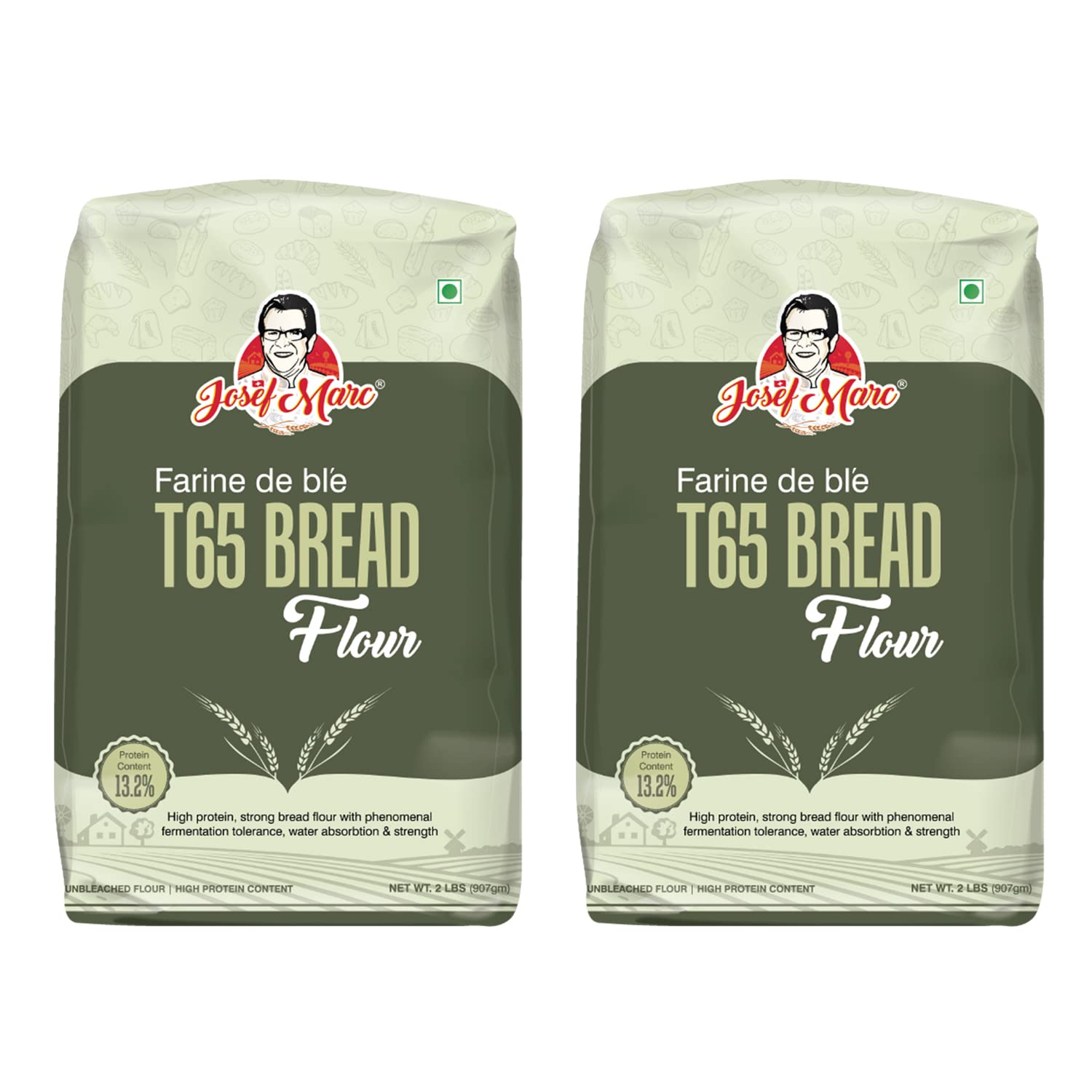 JOSEF MARC New Farine De Ble T65 Bread Flour, 2 LBS (907g) - Unbleached & High Protein Flour, Strong Bread Flour (Pack of 2)