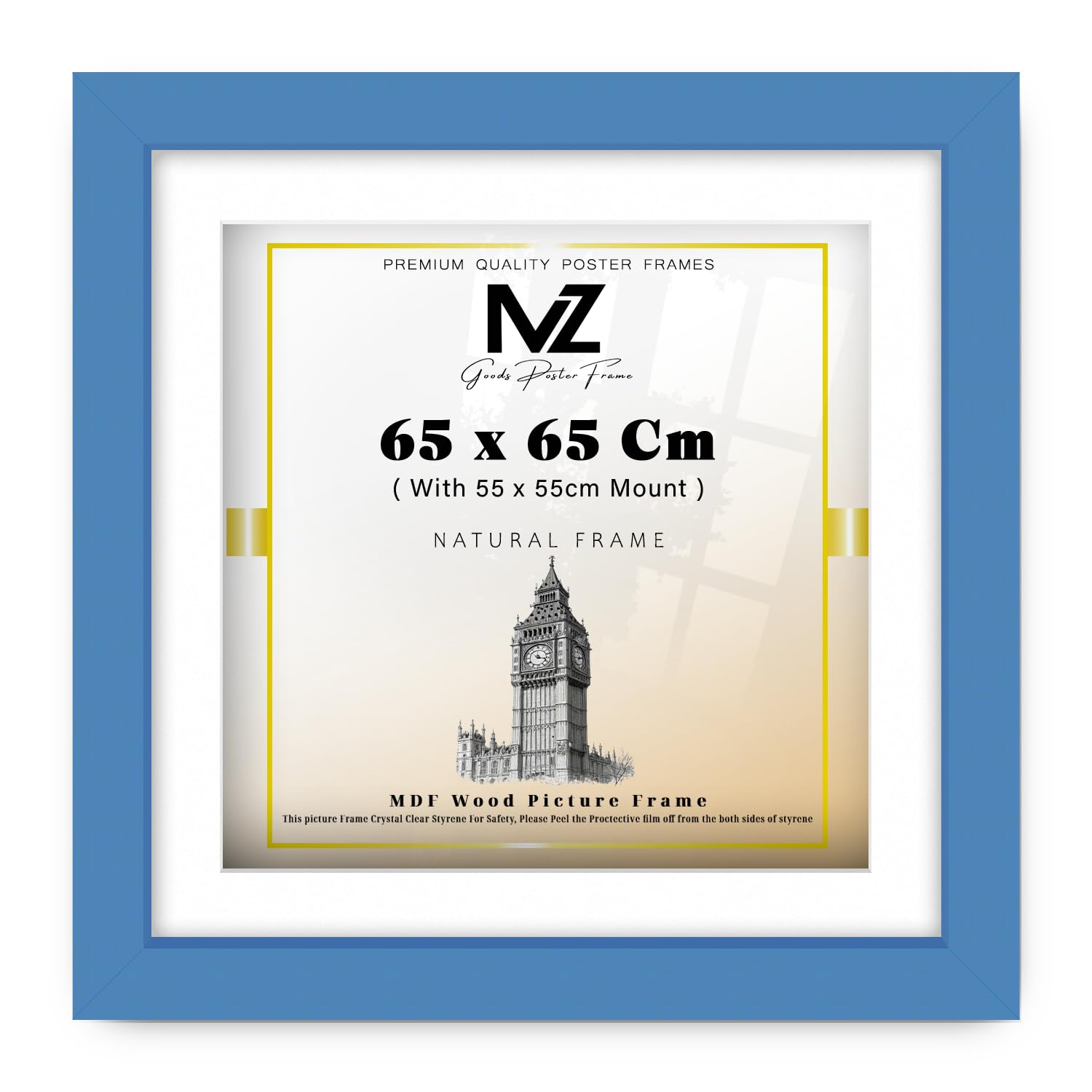 MZ GOODS | MDF Stylish Home Décor Frame (65 x 65 Cm) With 550 x 550 mm White Mount Engineered Wood | 26 Inch x 26 Inch Painting, Art Print, Wall Picture Frame [ Blue ]