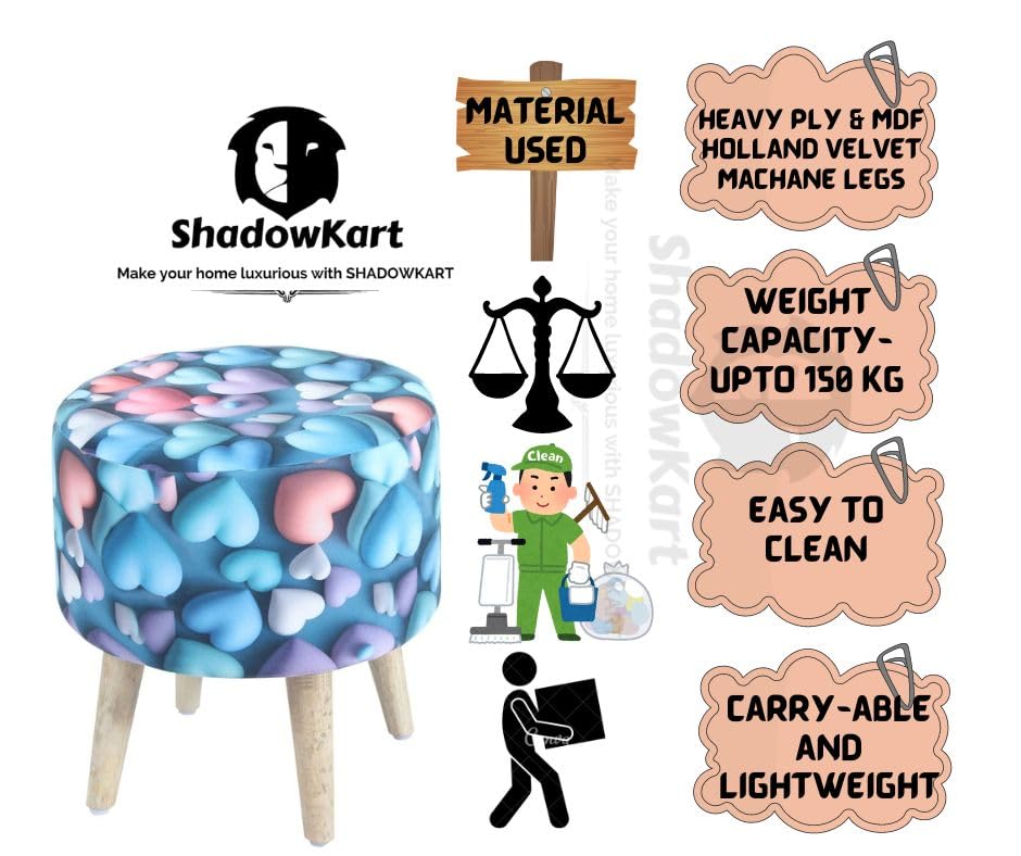 Image of Printed Ottoman Stool with Chair, Velvet Footrest Stool for Living Room, Wooden Legs Ottoman for Sofa & Living Room Decor, Chair (18 inchx32 inch), Puffy (16 inchx17 inch), Cmbo-Blue Heart