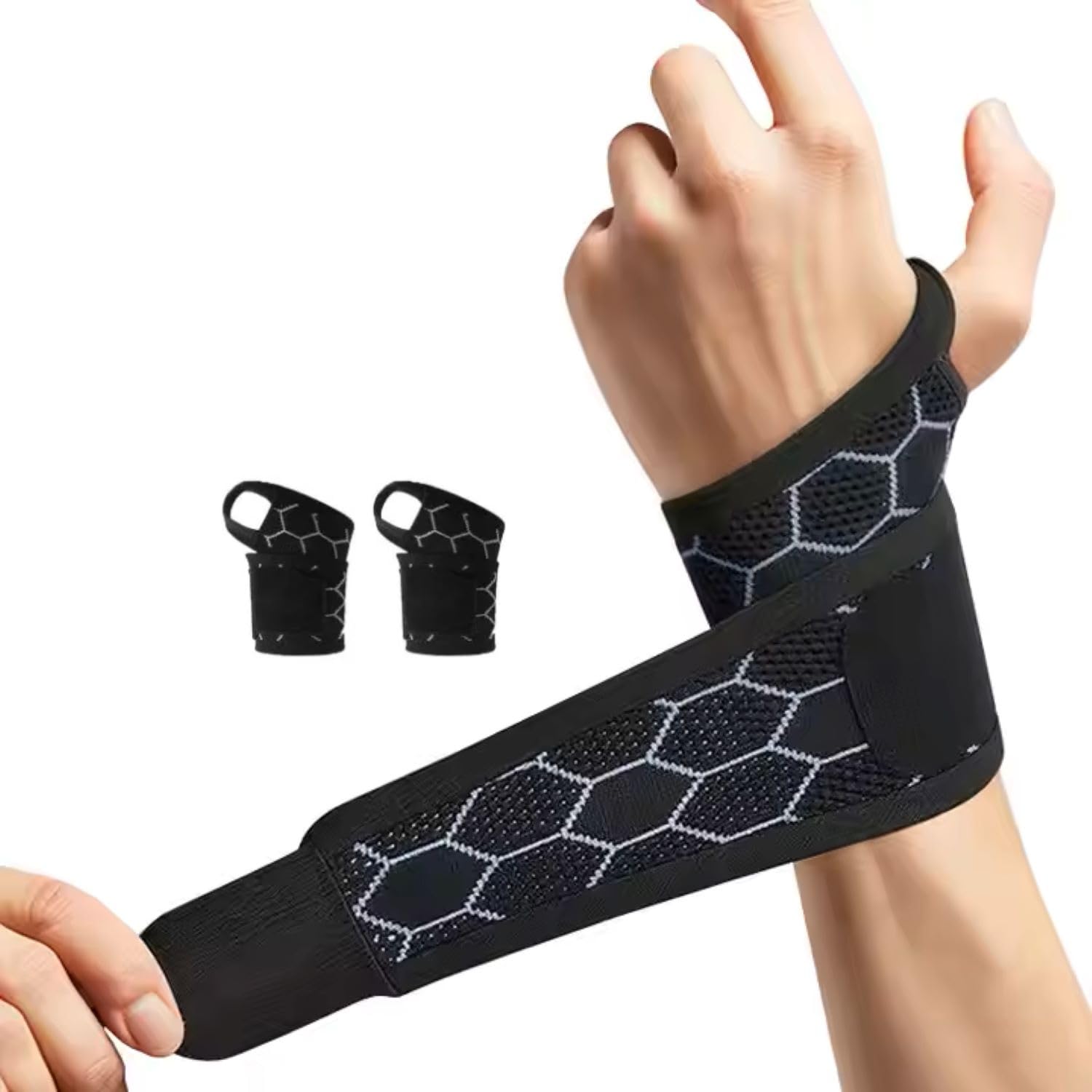 LUVILS® Tutore Mano e Polso Destro Sinistro per Uomo e Donna,Polsini Palestra Fitness, Sport, Allenamento con pesi, Polsiera Tunnel Carpale dolore Tendinite,Design A Nido D'ape Nero Taglia Unica (2)