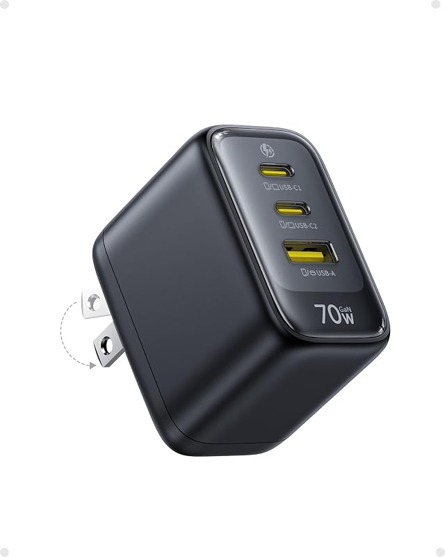 Cargador USB C Enerfill de 70 W, bloque de carga rápida con enchufe plegable | Cargador de pared GaN de 3 puertos tipo C para MacBook Pro, iPad Pro, iPhone 17/16/15 Series, Galaxy S25/24, Airpods 4 y más