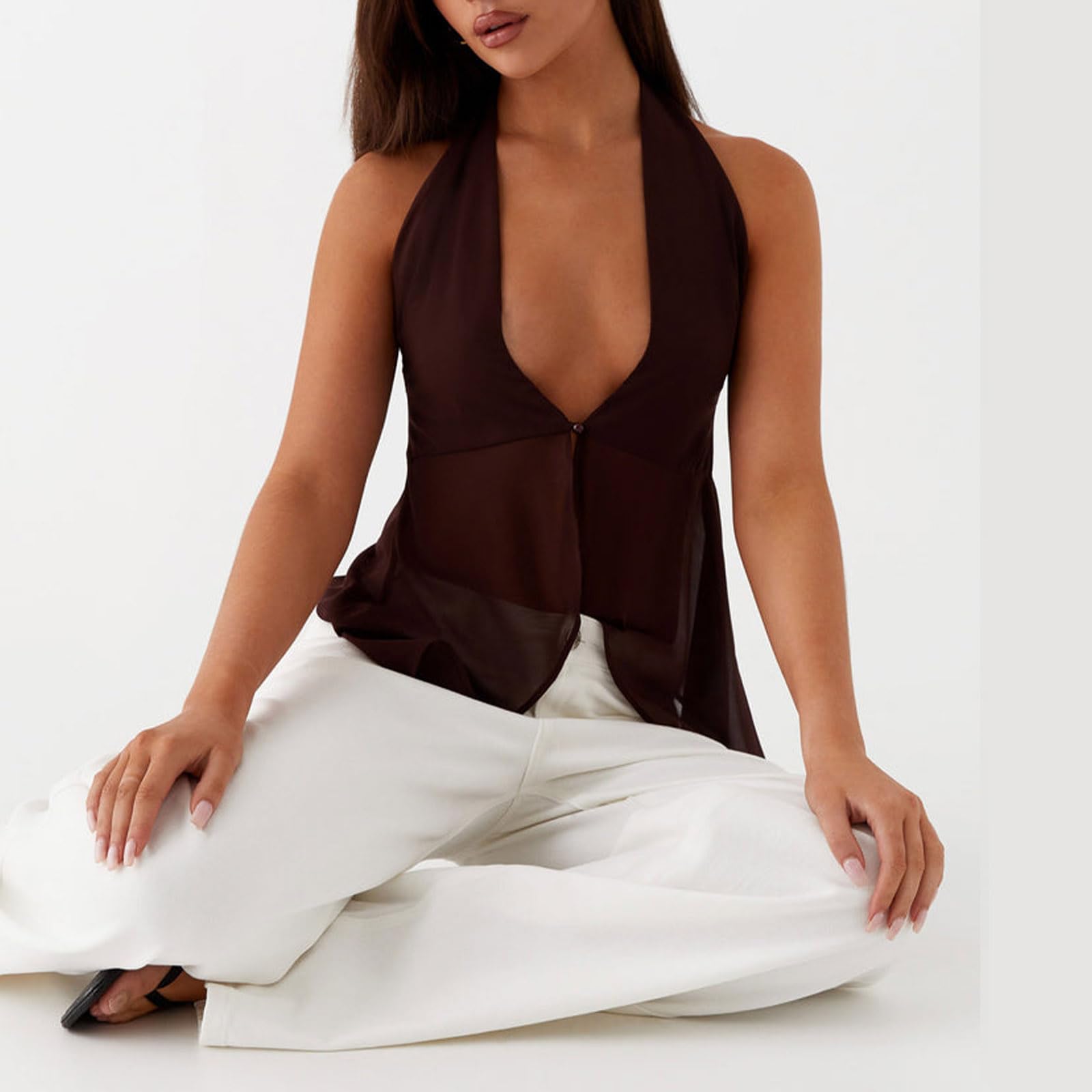 Sexy Outfit Top con Cuello Halter para Mujer, Blusa sin Mangas de Gasa Transparente con Cuello en V Profundo y Espalda Abierta, Top Elegante para Fiesta de Verano