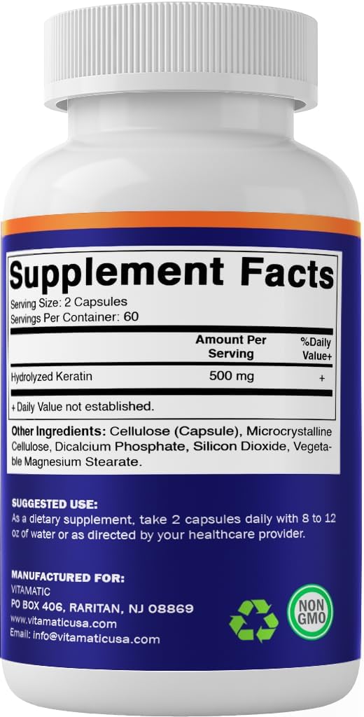 Vitamatic Hydrolyzed Keratin 500mg per Serving - 120 Vegetarian Capsules - Keratin Supplements for Healthy Hair Skin & Nails for Adults-2 Pack
