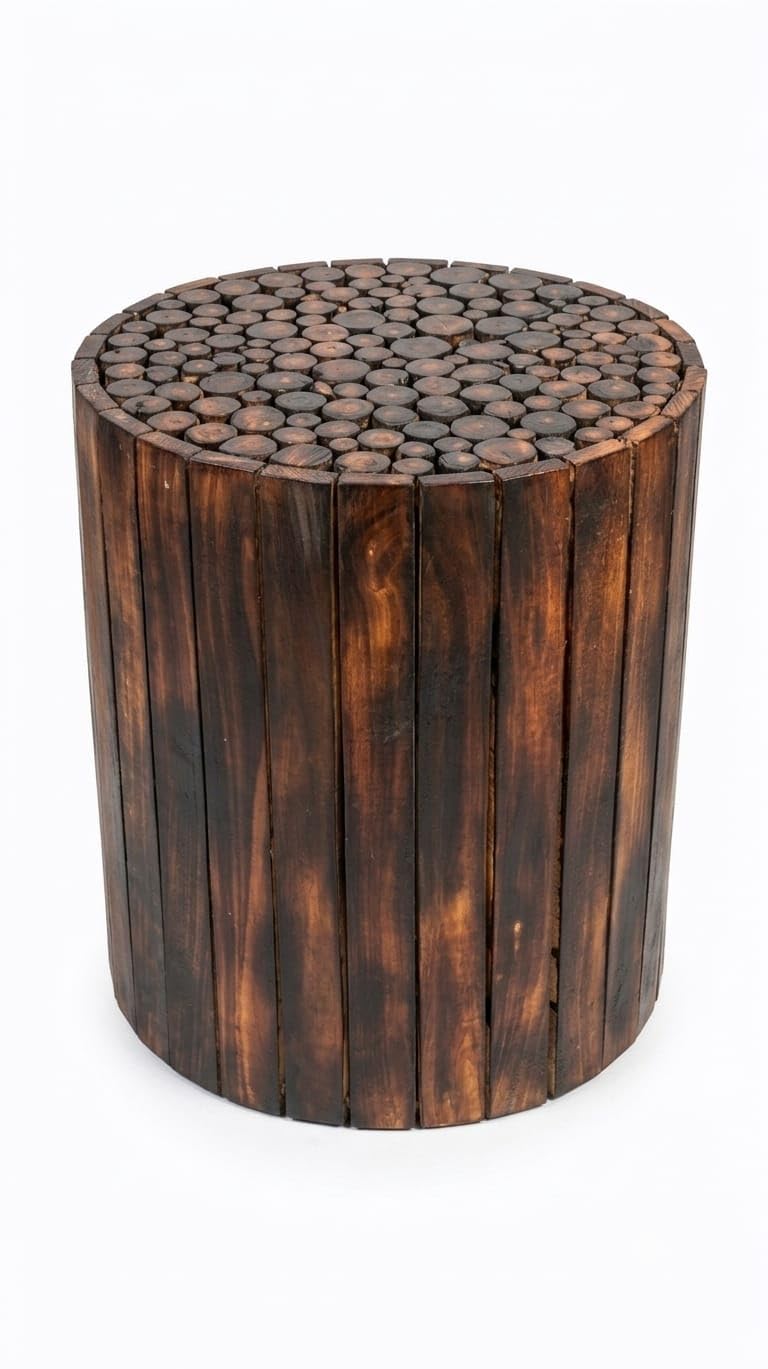 Wooden Cylindrical Bedside Stool Large Round Log Design | Natural Wood Finish, Mosaic Log Top, Rustic Style, Cylindrical Shape, Bedside Use-image-18