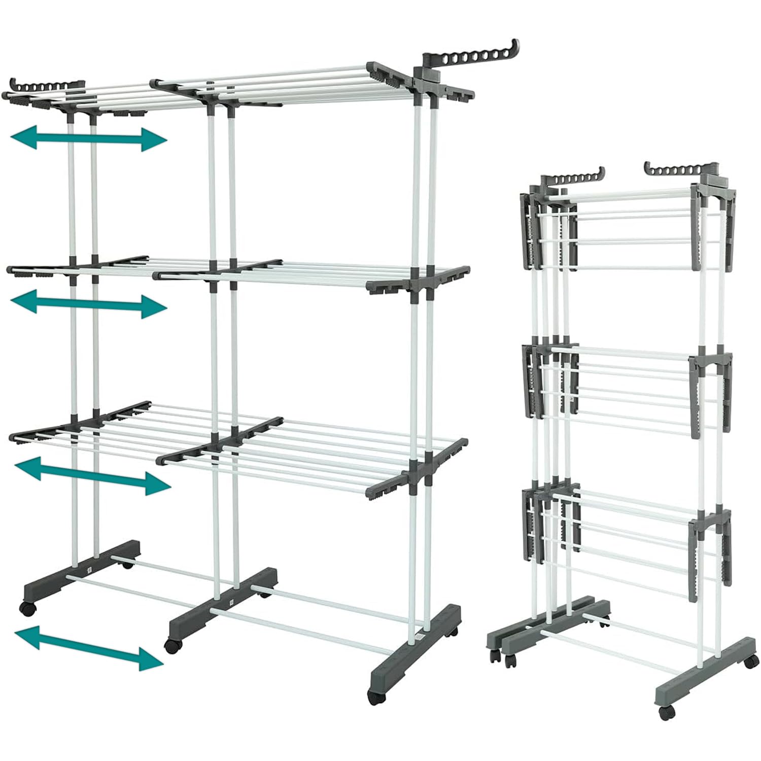 Karol™ Séchoir à Linge Pliable 40 m – Étendoir Vertical 3 Niveaux Grande Capacité – Tour de Séchage avec roulettes, Ailes pour Cintres et Supports Rabattables – Intérieur & Extérieur