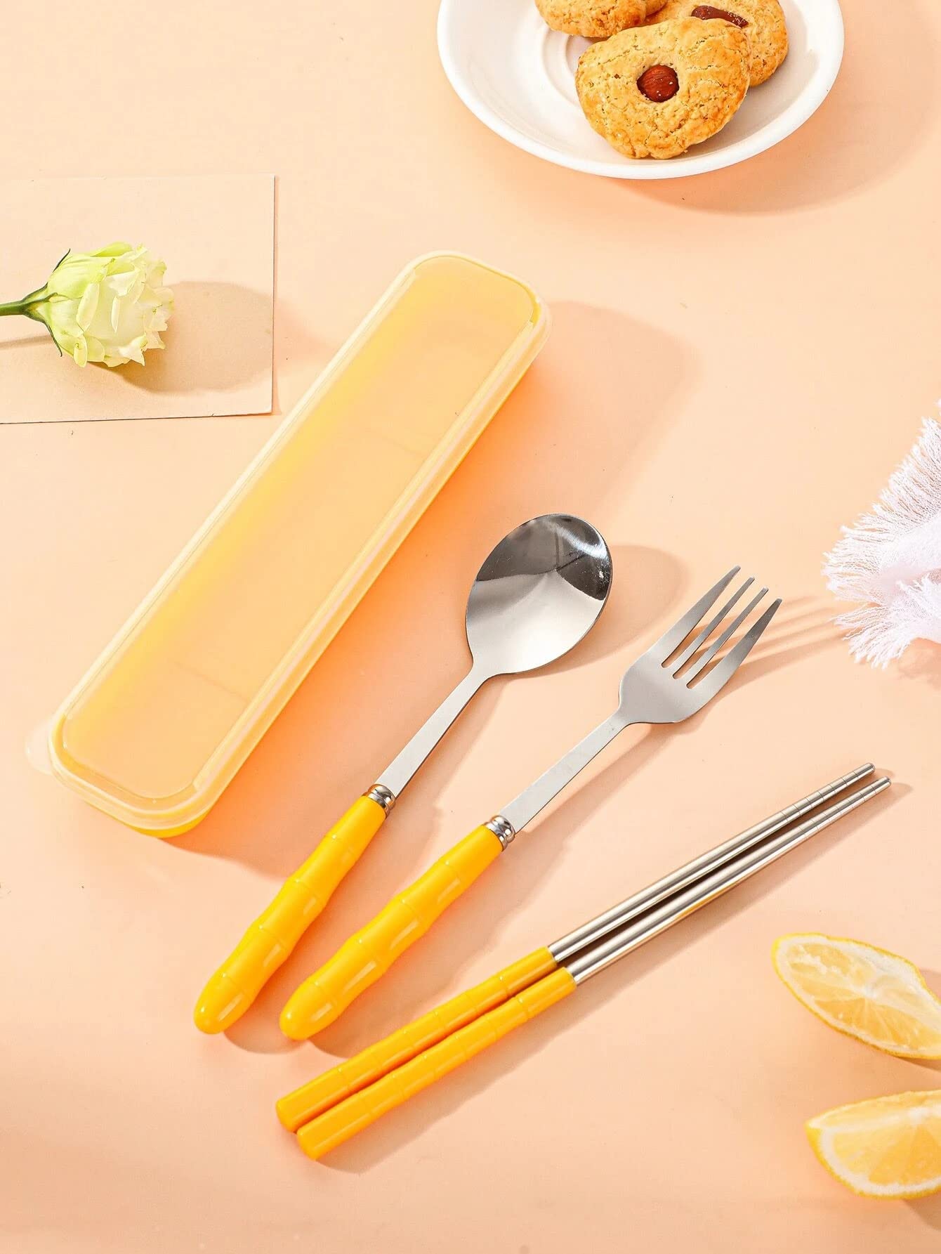 Home Cloud Premium Stainless Steel Cutlery Set Of 3-Piece (Spoon, Fork, Chopsticks) Including Travel Spoon Box - Exquisite Portable Tableware For Customized Gifts (Yellow)