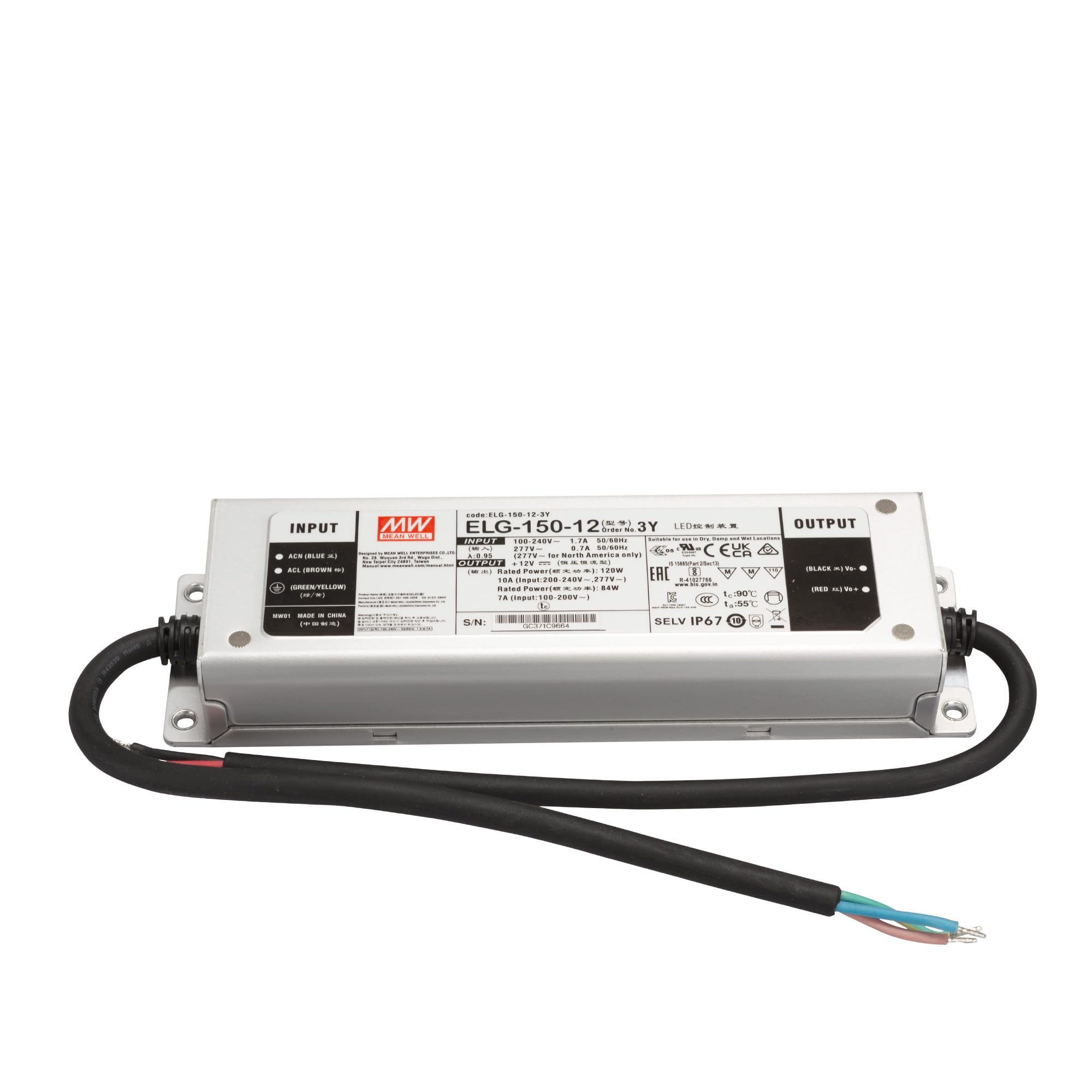 MW MEAN WELL ELG-150-12-3Y - Trasformatore LED a tensione costante, 120 W, 10 A, 6-12 V/DC