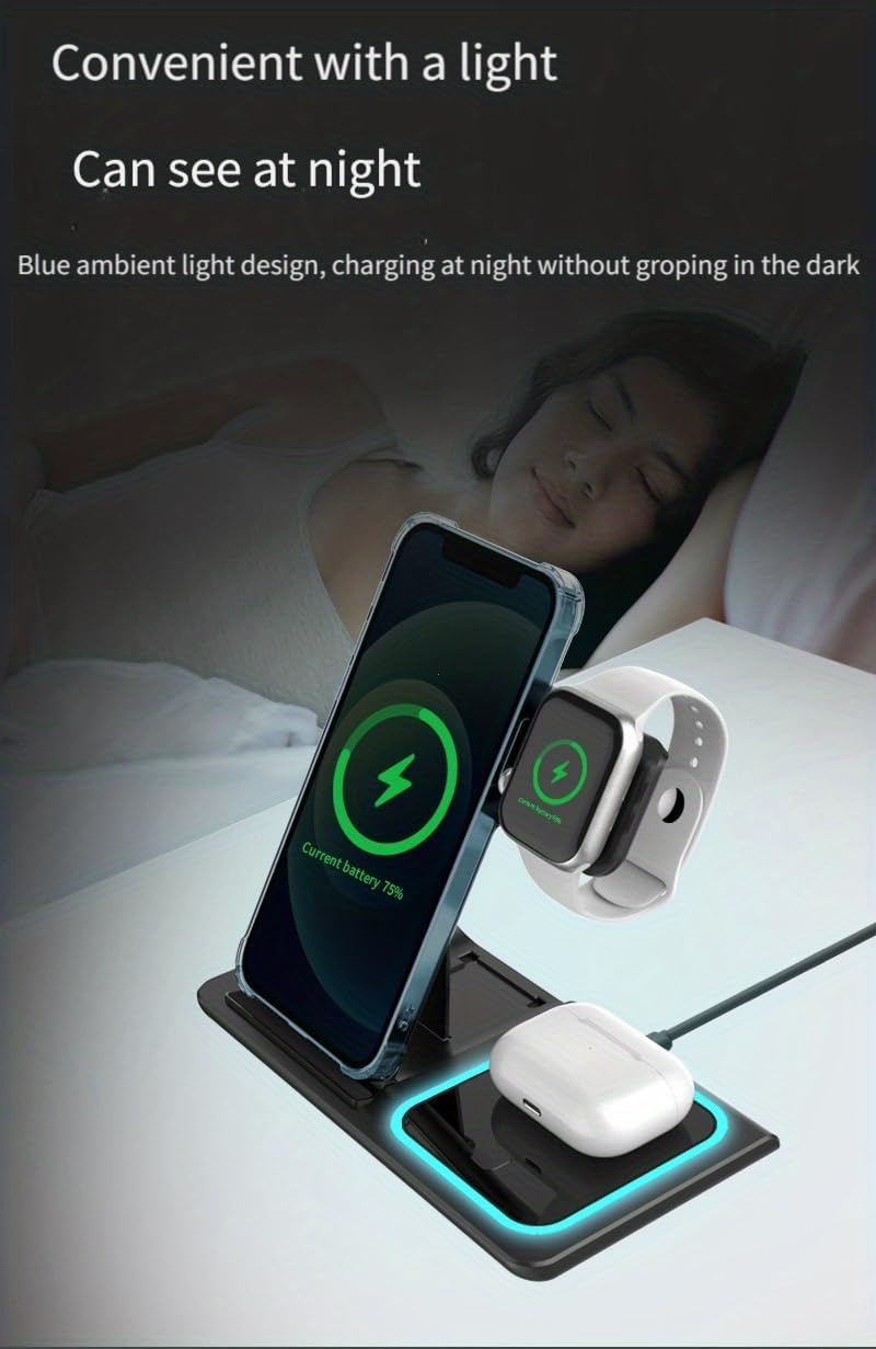 3-in-1 Magnetic Wireless Charging Station, 15W Fast Charger for iPhone 17/16/15/14/13/12 Series, Apple Watch Ultra/10/9/8/SE & AirPads Pro/3/2, Foldable Charging Stand for Travel