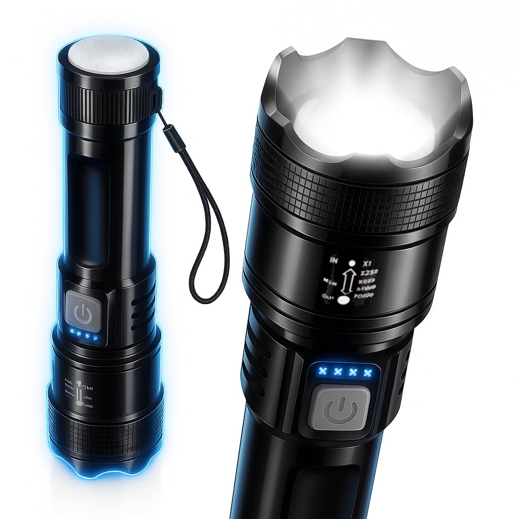 Wowtravel Black Rechargeable Led Torch Flashlight 800 Lumens Zoomable Tactical Torch With Power Bank Type C Fast Charging Waterproof Camping Emergency Light