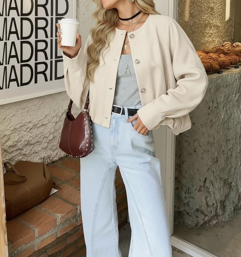 SCOFEEL Women’s Cropped Faux Suede Jacket Casual Collarless Short Bomber Jackets Button Up Fall Spring Open Front Coat - Image 3