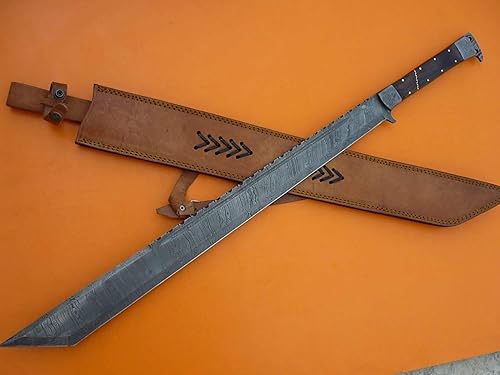 Espada. Rara! Espada de machete de acero de Damasco forjada a mano. Espada de caza gladiosa! Espada de caza con funda de cuero. Espada para