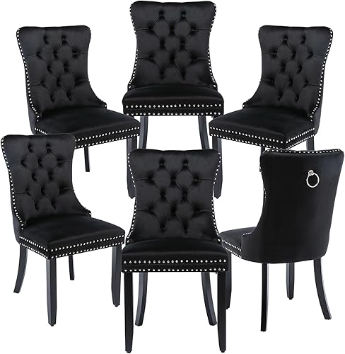 Miniatura 21 de Juego de 4 sillas de cocina modernas de terciopelo gris con anillo trasero, con patas de clavo, patas de madera maciza, tapizadas, sillas de mesa