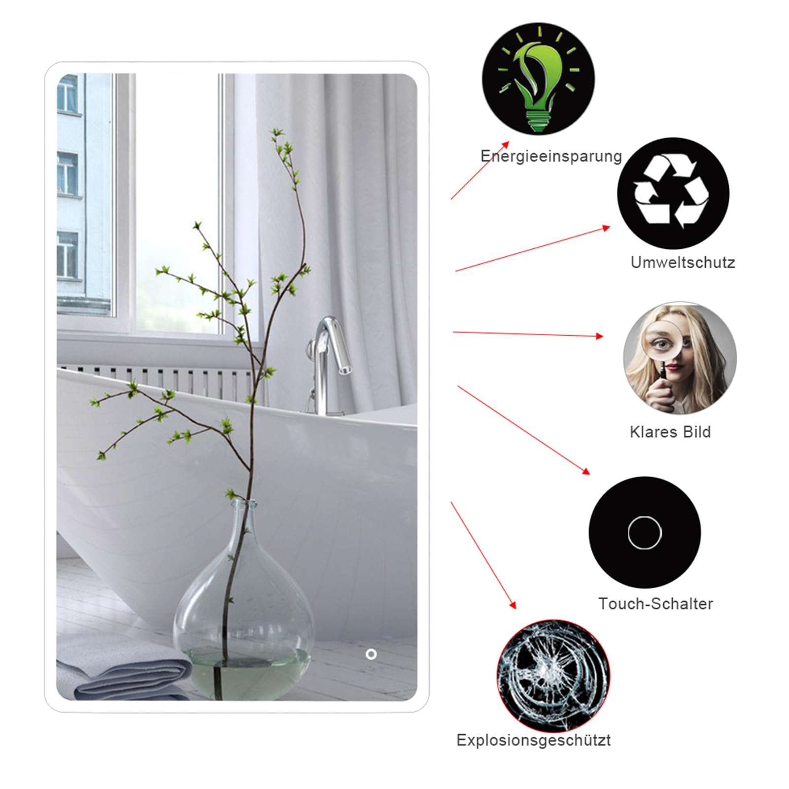 homewell Espejo de baño con iluminación, 70 x 120 cm, espejo de pared LED con interruptor táctil, luz blanca fría 6400 K, moderno sin cobre, espejo de pared con marco de aluminio (modelo 2, 70 x 120