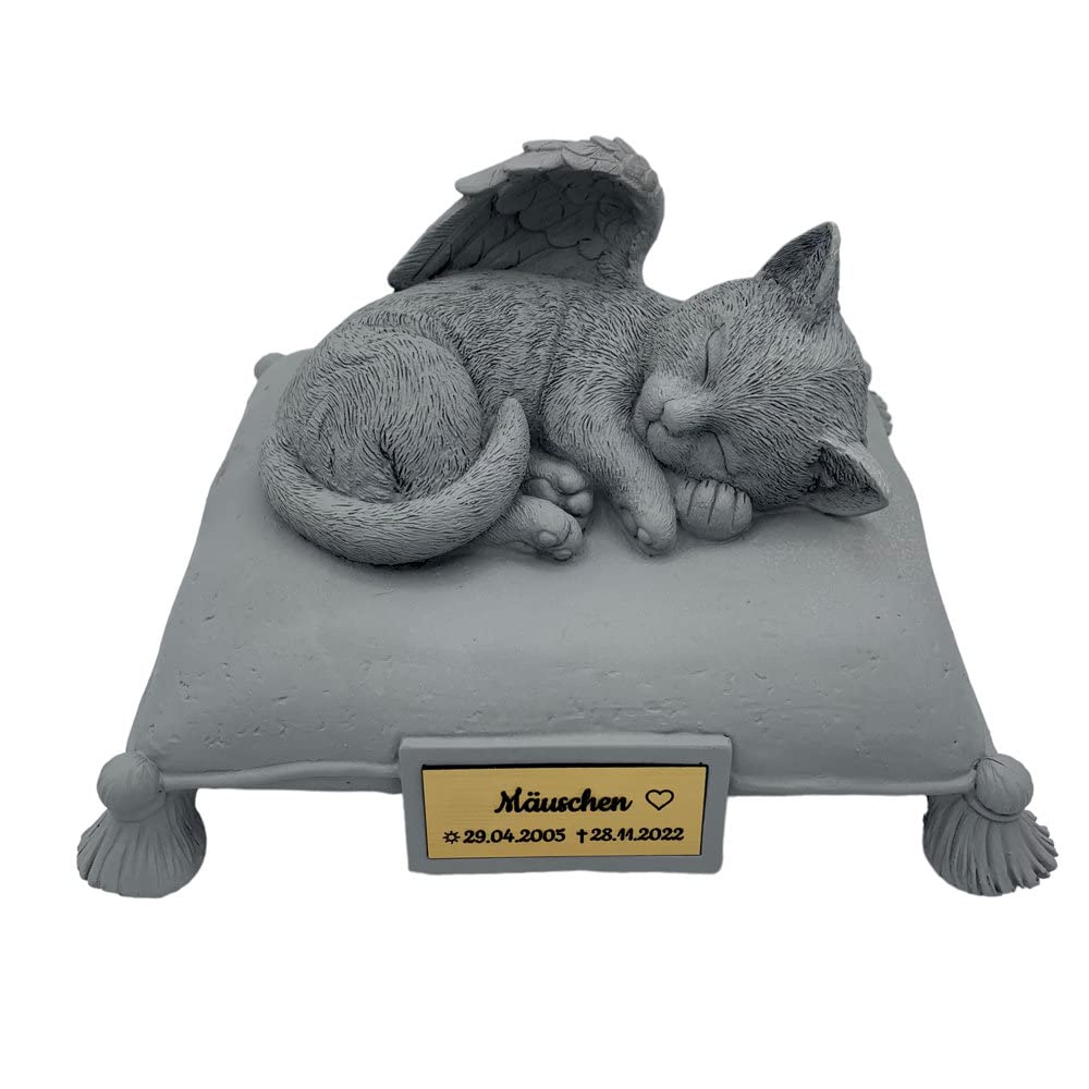 Monello Katzenurne Katze auf Kissen bis ca. 15 kg Tiergewicht individuelle Gravur auf Wunsch Katzenurne für Zuhause (Hellgrau)