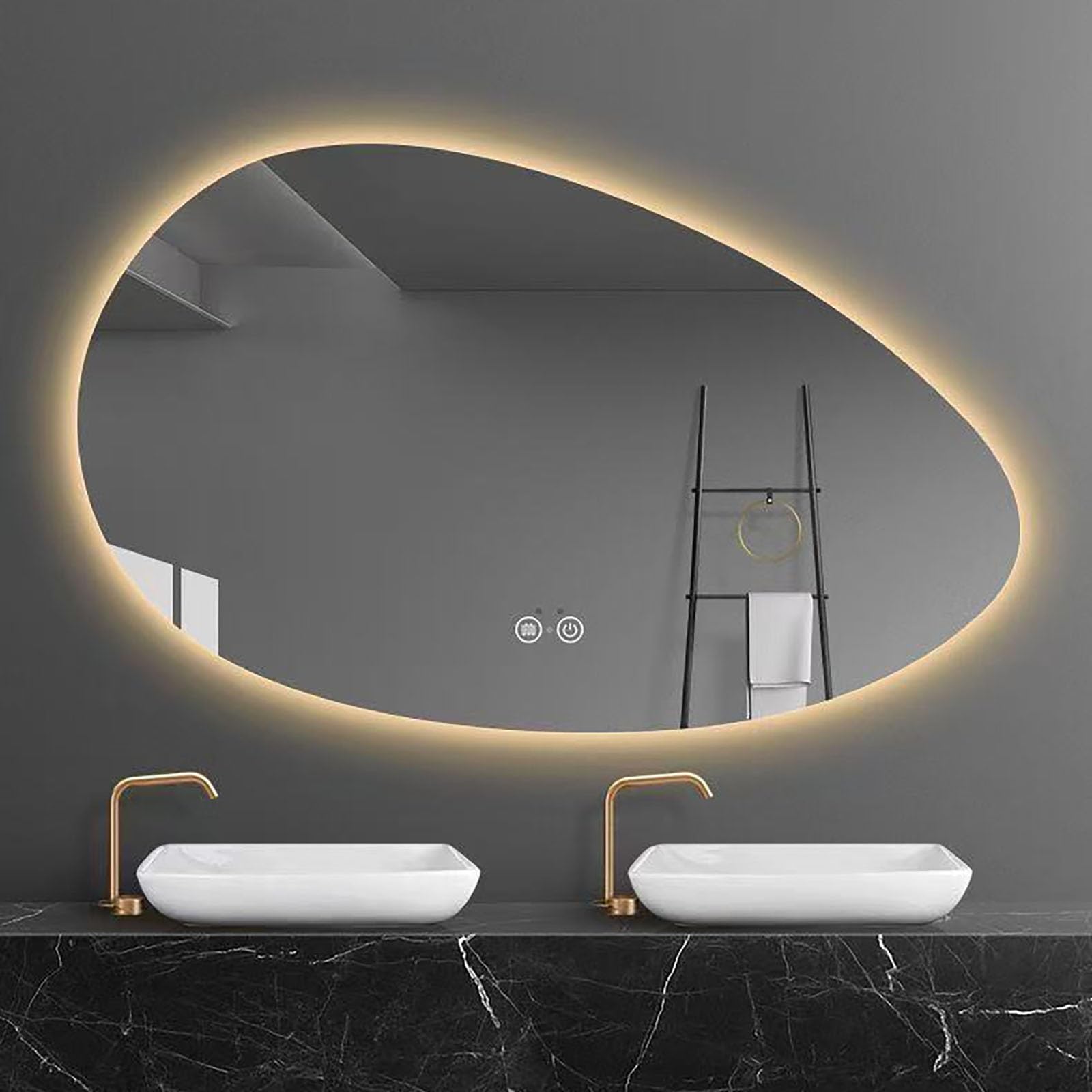Atwnjkp Irregular Oval Bathroom Mirror 50x80cm(19.7x31.5in) – Wall Mounted Illuminated LED Mirror with 3-Colour Adjustable Light, Anti-fog & Touch Switch for Makeup Vanity, Hallway, Living Room