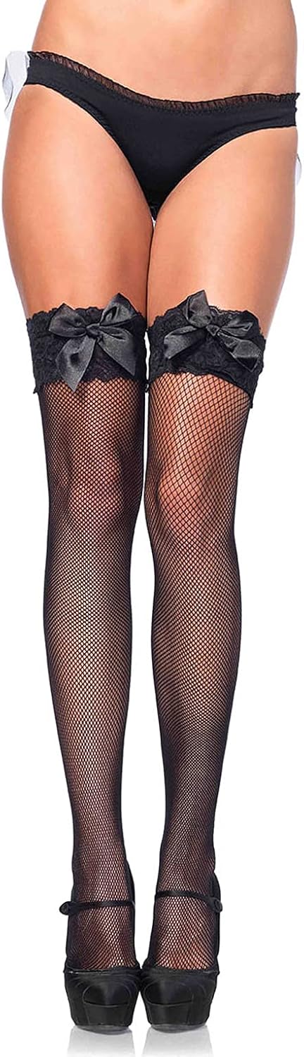 Leg Avenue Women's Lace Top Fishnet Thigh High Stockings With Bows