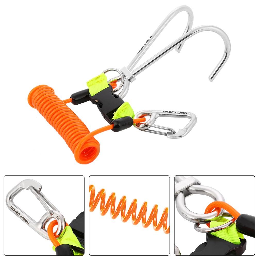 Scuba Diving Reef Hook, Stainless Steel Double Hook with Spiral Coil Lanyard Orange for Divers Snorkelers - Image 2