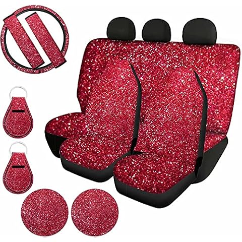 GIFTPUZZ Bling Red Car Front Back Seat Covers Full Set with Universal Steering Wheel Covers,Seat Belt Cover,Auto Cup Coasters,Key Chains for Car SUV Truck Decor Accessories for Women Lady Best Gift Cover