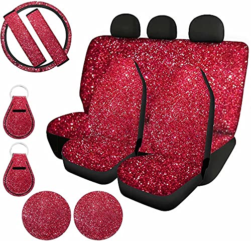 GIFTPUZZ Bling Red Car Front Back Seat Covers Full Set with Universal Steering Wheel Covers,Seat Belt Cover,Auto Cup Coasters,Key Chains for Car SUV Truck Decor Accessories for Women Lady Best Gift