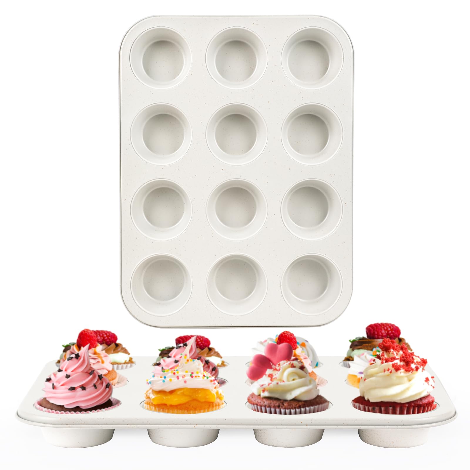 Paquete de 2 moldes para magdalenas para hornear saludables, molde antiadherente para magdalenas de 12 tazas, duradero y fácil de limpiar, perfecto para cupcakes, magdalenas (beige)