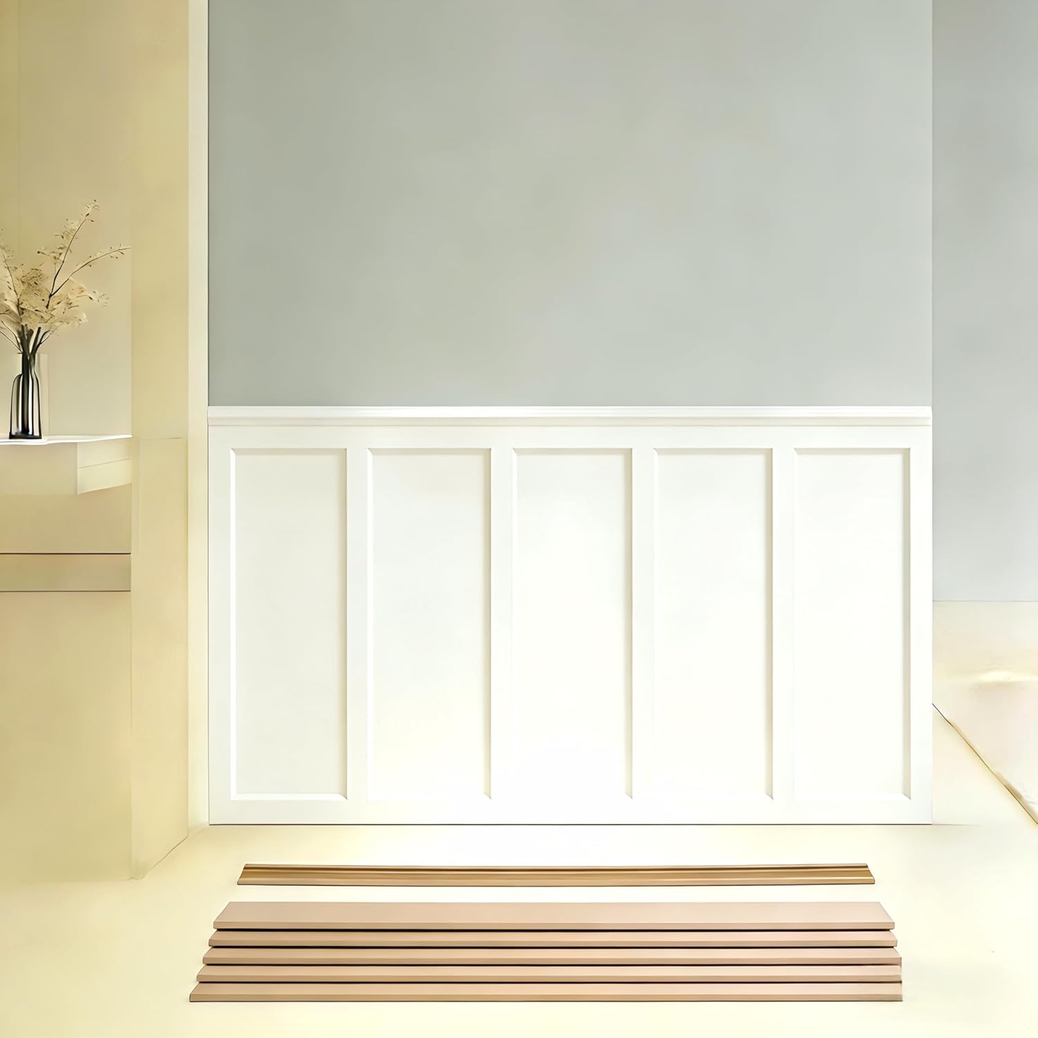1 Set 94.5 in x 54 in MDF Board and Batten, Paintable Wainscoting Kit,Molding Trim Slat with Edge Strip，Premade Accent Wall Panel for DIY Kitchen Bedroom Living Room Home Decor Covers (94.5 x 54 Inch)