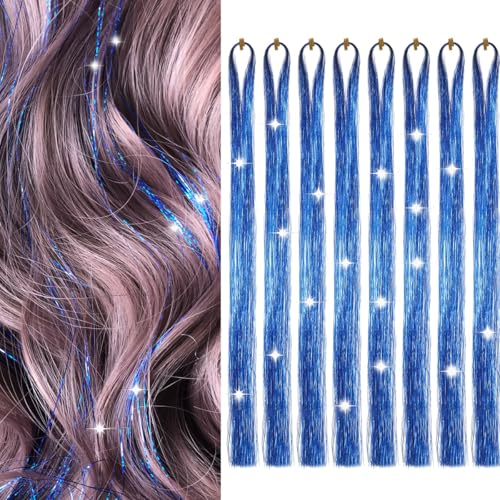 Hair Tinsel 8 Packs 1600 Strands 50 Inch Tinsel Hair Extensions Sapphire Blue Heat Resistant Glitter Sparkling Shinny Fairy Hair Accessories for Women(Sapphire blue 50Inch)