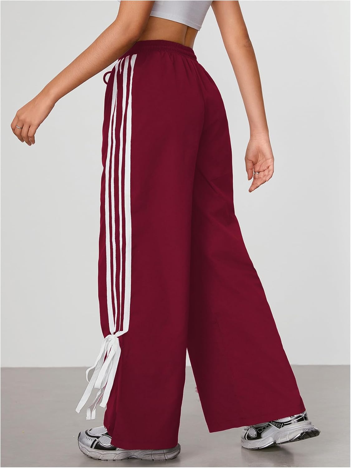 WDIRARA Women's Side Striped Bowknot Track Streetwear Pant Drawstring Waist Wide Leg Long Pants Workout - Image 4