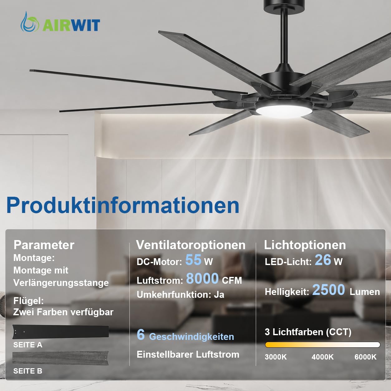 Airwit 183cm Deckenventilator mit Beleuchtung und Fernbedienung, Outdoor, leise, wendbare Flügel, Industrial Design