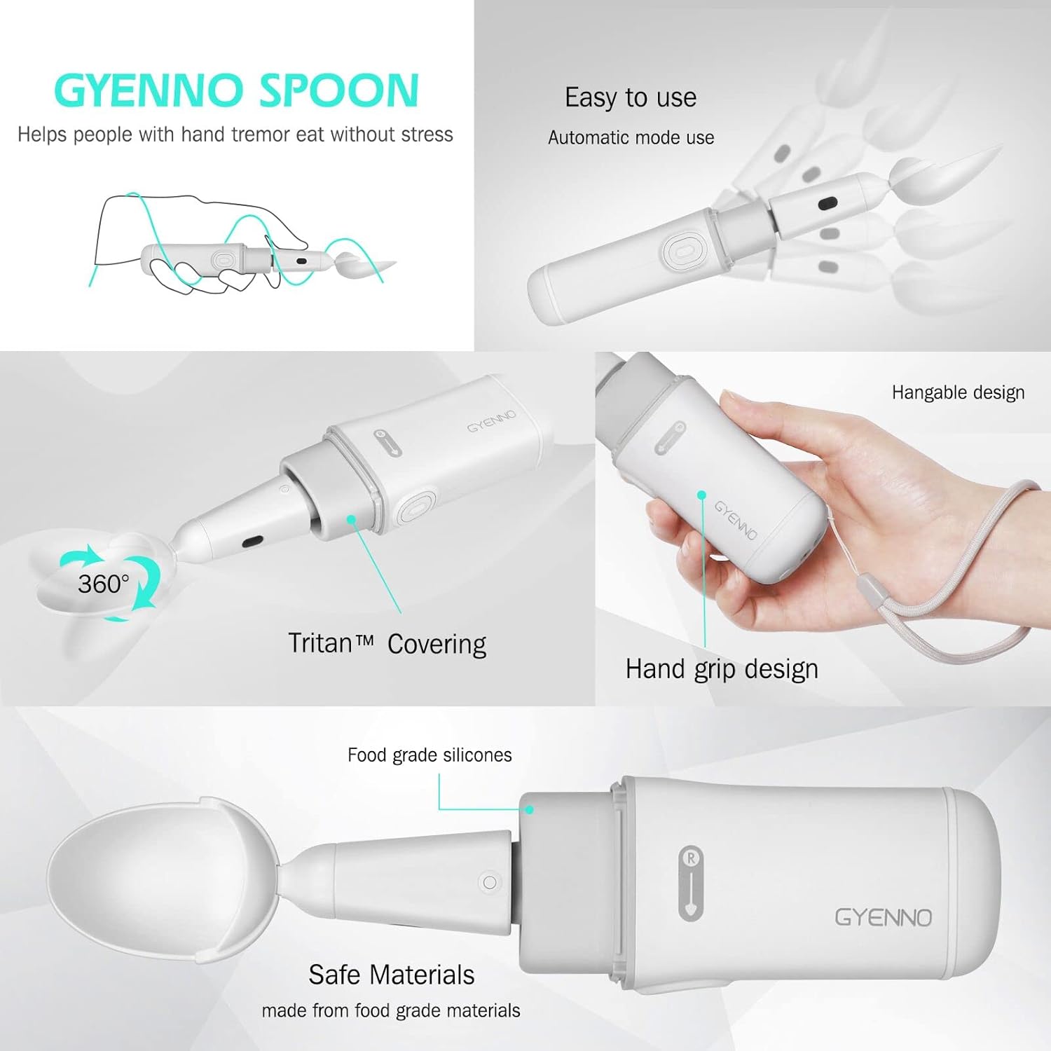 Diagram illustrating features of GYENNO Spoon: easy to use, 360 degree rotation, Tritan covering, hand grip design, food grade silicones, and safe materials.