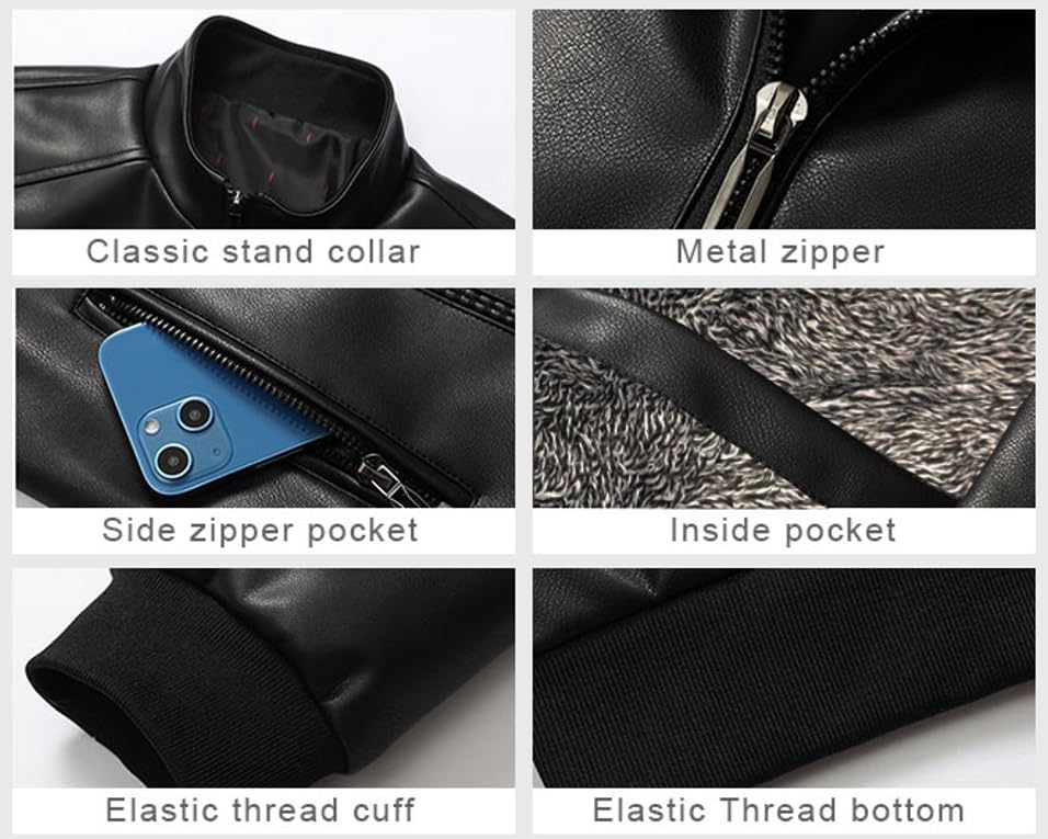 Image of Mens Faux Leather Jacket Full-Zip Stand Collar Outerwear Lightweight Motorcycle Jacket